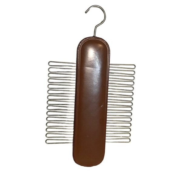 Vintage Eatons Metal Tie Rack With Brown Leatherette Cover & Hook - Picture 1 of 5